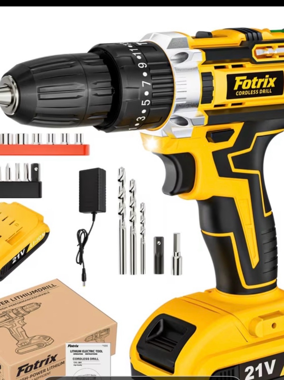 Fotrix 21V Cordless Drill - Yellow and Black